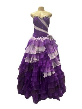 NWT Strapless Purple Ruffled Quinceañera Ball Gown Prom Dress with Ivory Accents